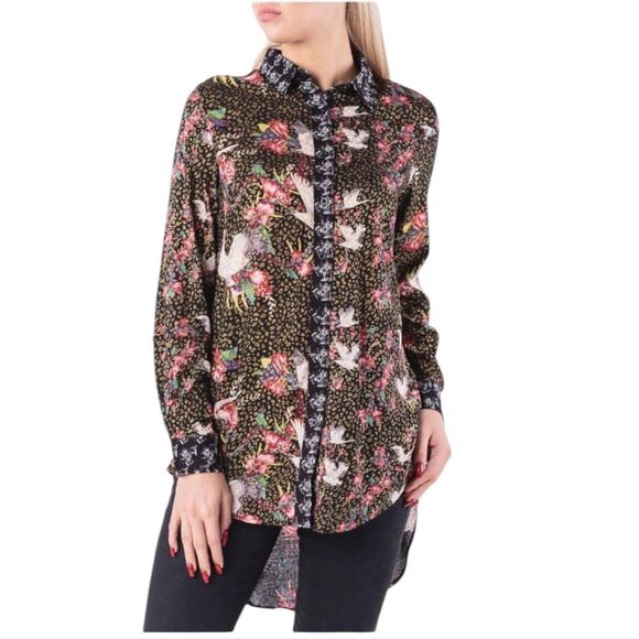 Desigual Cam Victoria Shirt Crane Bird Asian Inspired Print Long Sleeve XXL - Picture 1 of 12